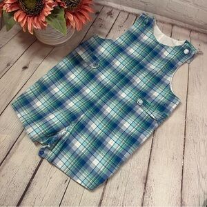 glorimont Plaid Blue Green short Overalls one piece romper sz 4T 100% cotton